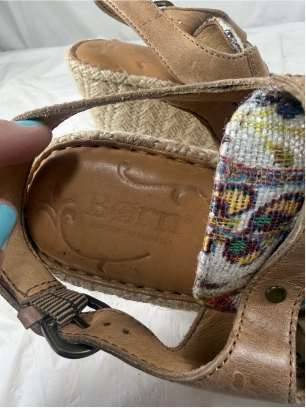 Born Brewster Platform Wedge Sandal Tapestry Leather Jute Heel Women Size 7 M - Picture 7 of 14